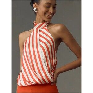 NEW Maeve Halter Scarf Bubble-Hem Tank Top In Red and White Size S